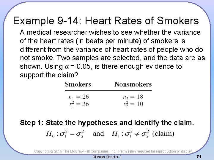 Example 9 -14: Heart Rates of Smokers A medical researcher wishes to see whether