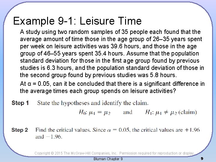 Example 9 -1: Leisure Time A study using two random samples of 35 people