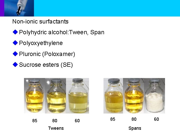 Non-ionic surfactants u Polyhydric alcohol: Tween, Span u Polyoxyethylene u Pluronic (Poloxamer) u Sucrose