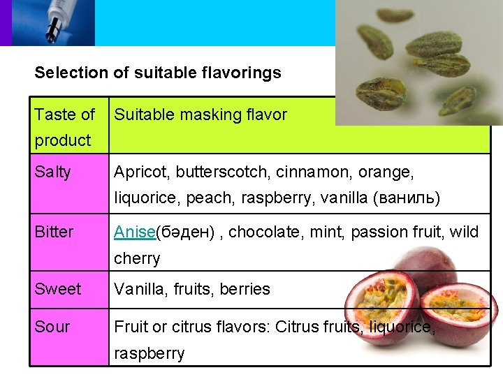 Selection of suitable flavorings Taste of Suitable masking flavor product Salty Apricot, butterscotch, cinnamon,