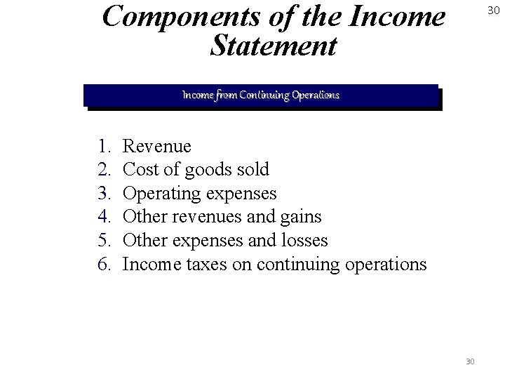 Components of the Income Statement 30 Income from Continuing Operations 1. 2. 3. 4.