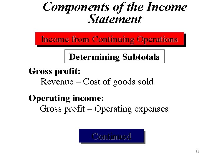 Components of the Income Statement 31 Income from Continuing Operations Determining Subtotals Gross profit: