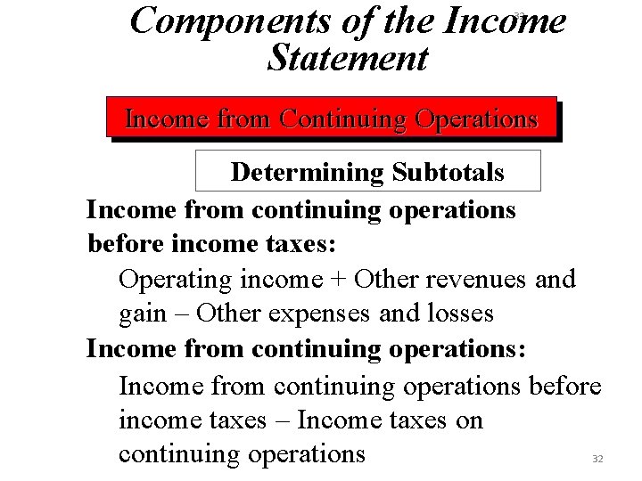 Components of the Income Statement 32 Income from Continuing Operations Determining Subtotals Income from