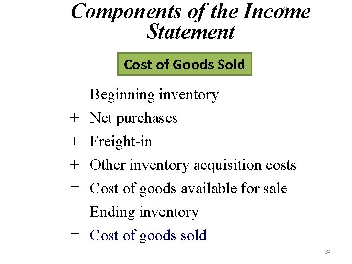 Components of the Income Statement 34 Cost of Goods Sold Beginning inventory + Net
