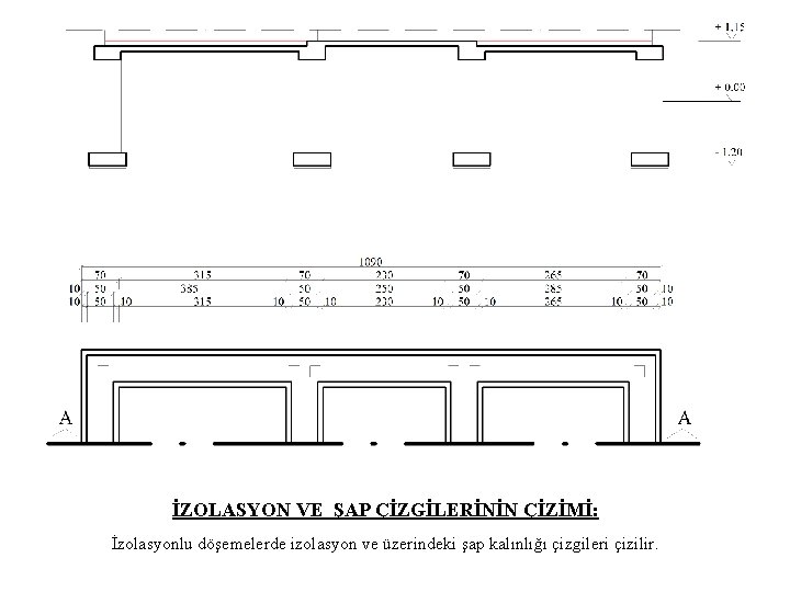 İZOLASYON VE ŞAP ÇİZGİLERİNİN ÇİZİMİ: İzolasyonlu döşemelerde izolasyon ve üzerindeki şap kalınlığı çizgileri çizilir.