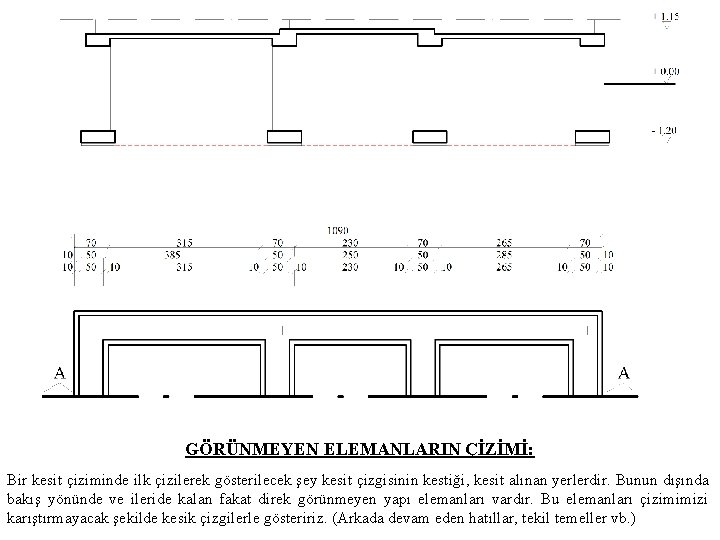 GÖRÜNMEYEN ELEMANLARIN ÇİZİMİ: Bir kesit çiziminde ilk çizilerek gösterilecek şey kesit çizgisinin kestiği, kesit