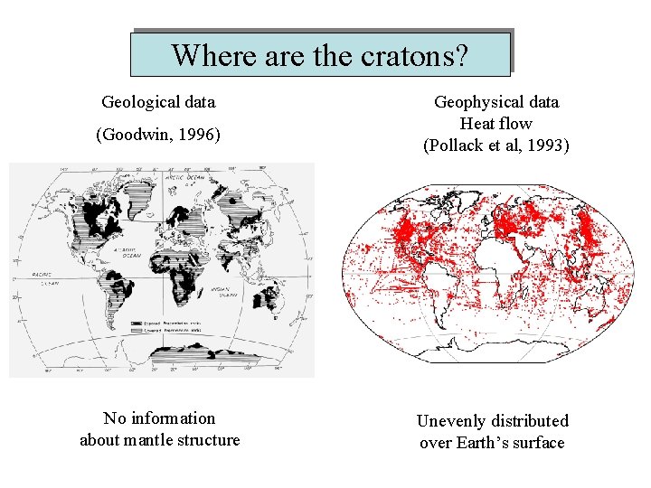 Where are the cratons? Geological data (Goodwin, 1996) No information about mantle structure Geophysical