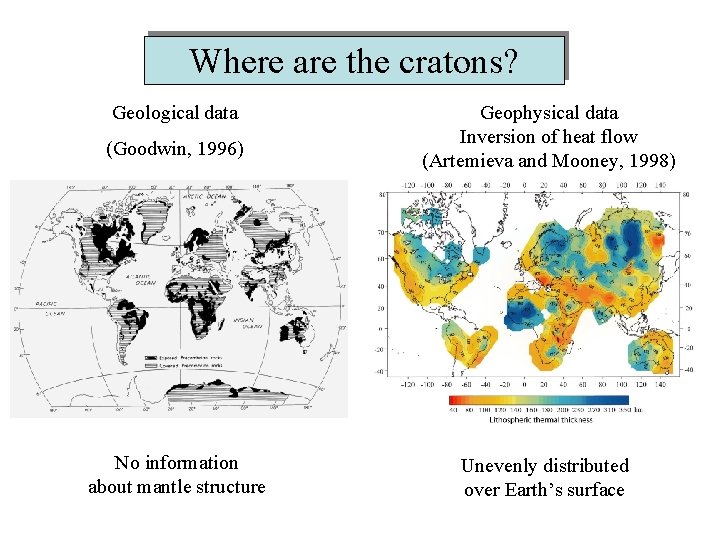 Where are the cratons? Geological data (Goodwin, 1996) No information about mantle structure Geophysical