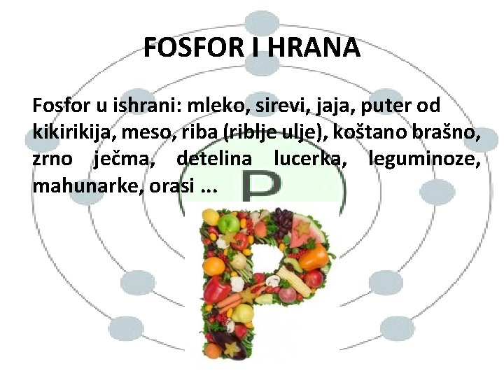 FOSFOR I HRANA Fosfor u ishrani: mleko, sirevi, jaja, puter od kikirikija, meso, riba