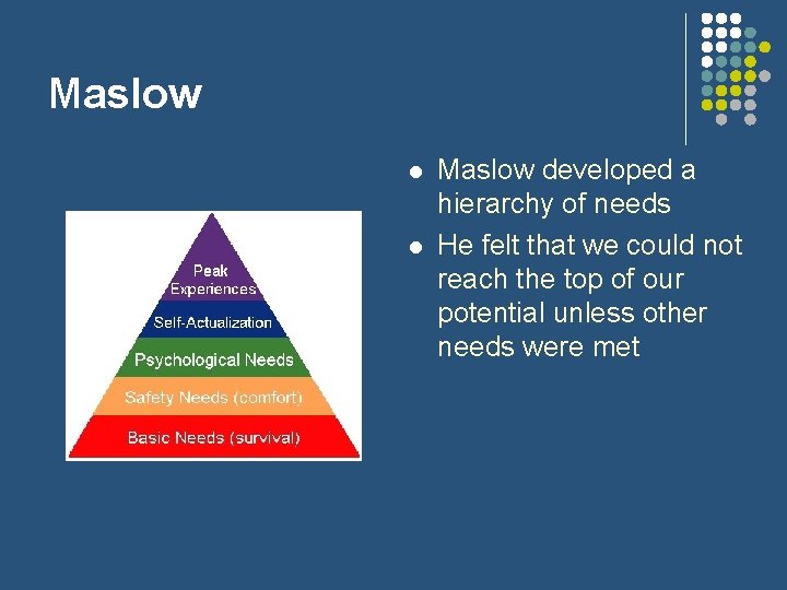 Maslow l l Maslow developed a hierarchy of needs He felt that we could