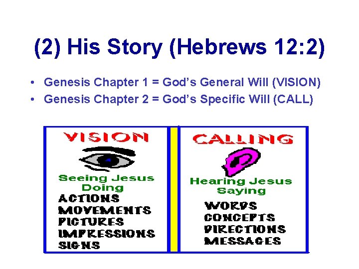 (2) His Story (Hebrews 12: 2) • Genesis Chapter 1 = God’s General Will