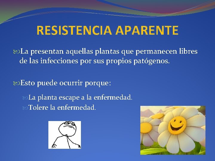 RESISTENCIA APARENTE La presentan aquellas plantas que permanecen libres de las infecciones por sus