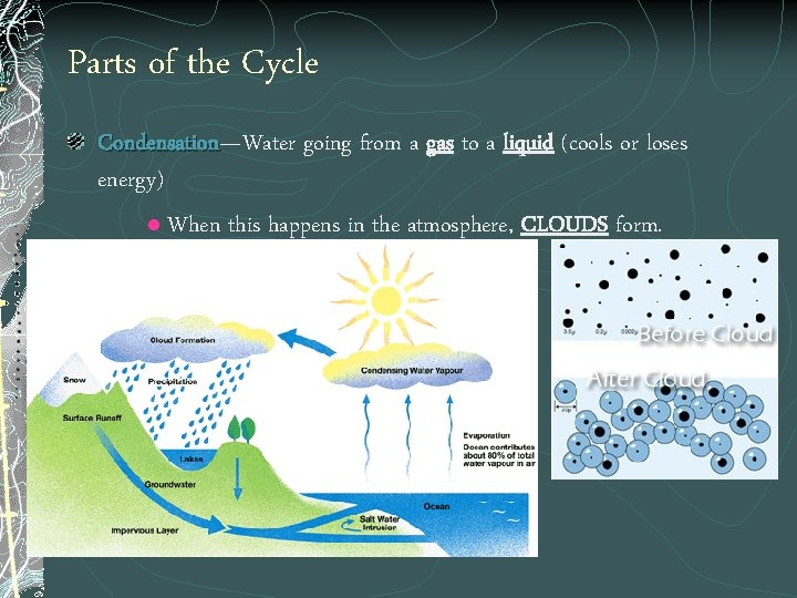 Parts of the Cycle Condensation—Water going from a gas to a liquid (cools or