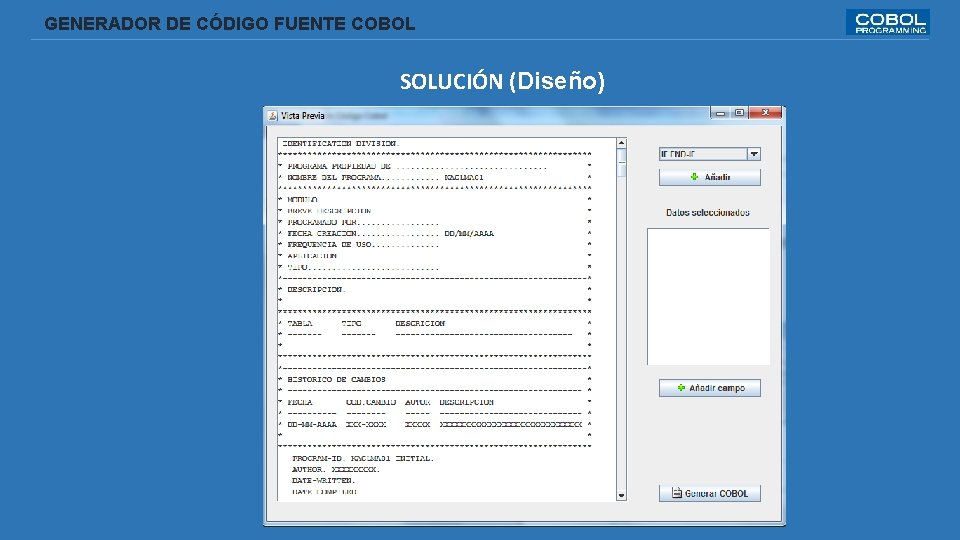  GENERADOR DE CÓDIGO FUENTE COBOL SOLUCIÓN (Diseño) 