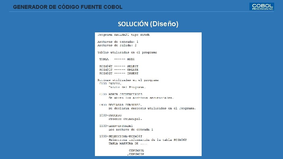  GENERADOR DE CÓDIGO FUENTE COBOL SOLUCIÓN (Diseño) 