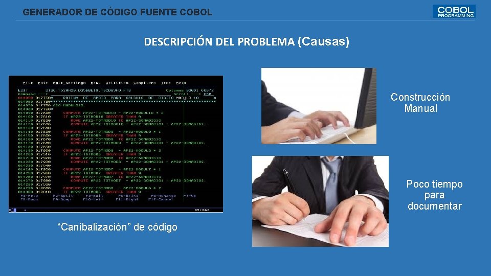  GENERADOR DE CÓDIGO FUENTE COBOL DESCRIPCIÓN DEL PROBLEMA (Causas) Construcción Manual Poco tiempo