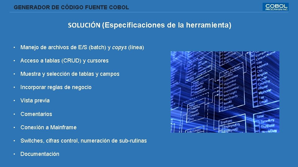  GENERADOR DE CÓDIGO FUENTE COBOL SOLUCIÓN (Especificaciones de la herramienta) • Manejo de