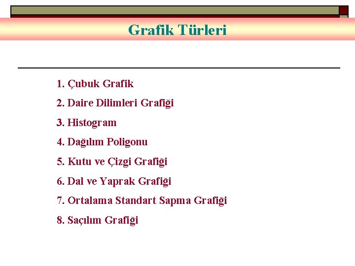 Grafik Türleri 1. Çubuk Grafik 2. Daire Dilimleri Grafiği 3. Histogram 4. Dağılım Poligonu