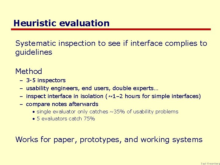 Heuristic evaluation Systematic inspection to see if interface complies to guidelines Method – –