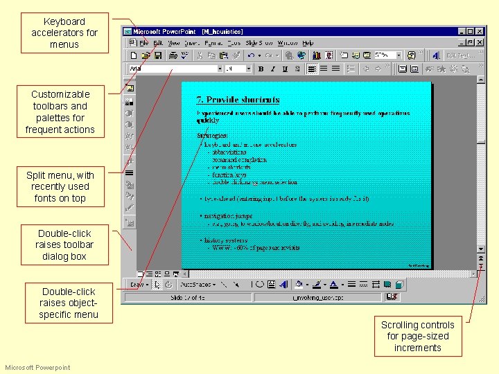 Keyboard accelerators for menus Customizable toolbars and palettes for frequent actions Split menu, with