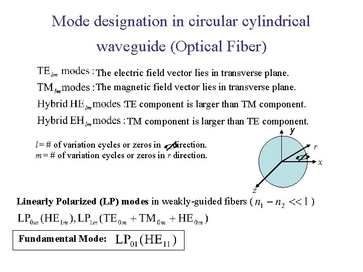 Mode designation in circular cylindrical waveguide (Optical Fiber) The electric field vector lies in