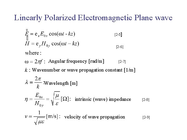Linearly Polarized Electromagnetic Plane wave [2 -5] [2 -6] Angular frequency [rad/m] [2 -7]