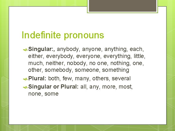 Indefinite pronouns Singular: , anybody, anyone, anything, each, either, everybody, everyone, everything, little, much,