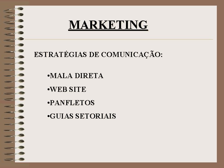 MARKETING ESTRATÉGIAS DE COMUNICAÇÃO: • MALA DIRETA • WEB SITE • PANFLETOS • GUIAS
