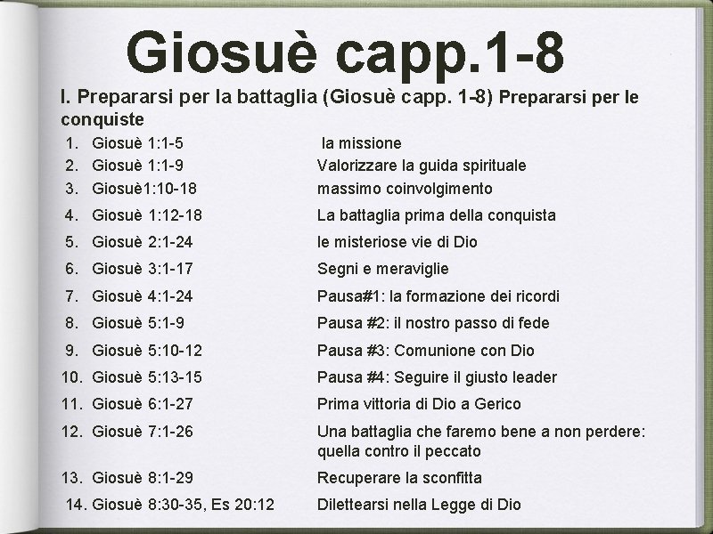 Giosuè capp. 1 -8 I. Prepararsi per la battaglia (Giosuè capp. 1 -8) Prepararsi