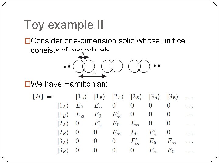 Toy example II �Consider one-dimension solid whose unit cell consists of two orbitals �We