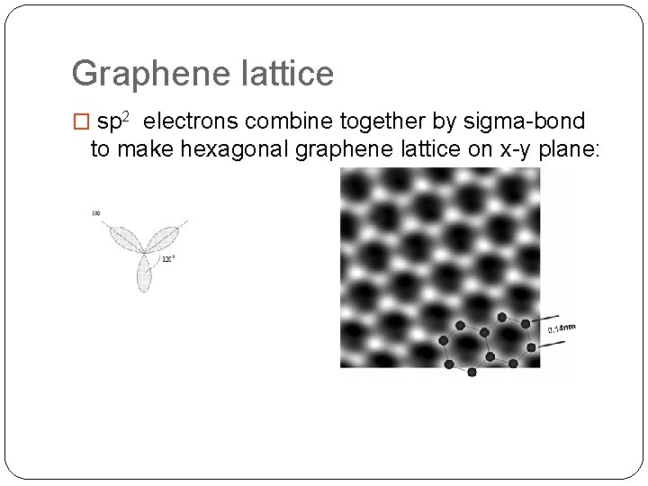 Graphene lattice � sp 2 electrons combine together by sigma-bond to make hexagonal graphene