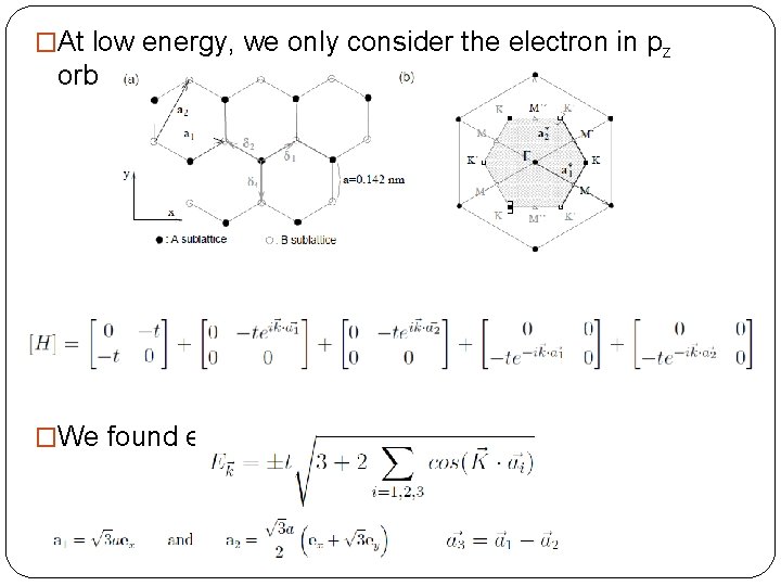 �At low energy, we only consider the electron in pz orbitals. �We use nearest-neighbor
