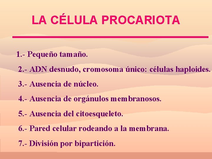LA CÉLULA PROCARIOTA 1. - Pequeño tamaño. 2. - ADN desnudo, cromosoma único: células