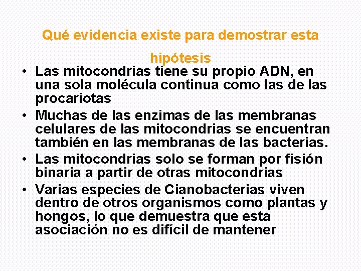 Qué evidencia existe para demostrar esta • • hipótesis Las mitocondrias tiene su propio