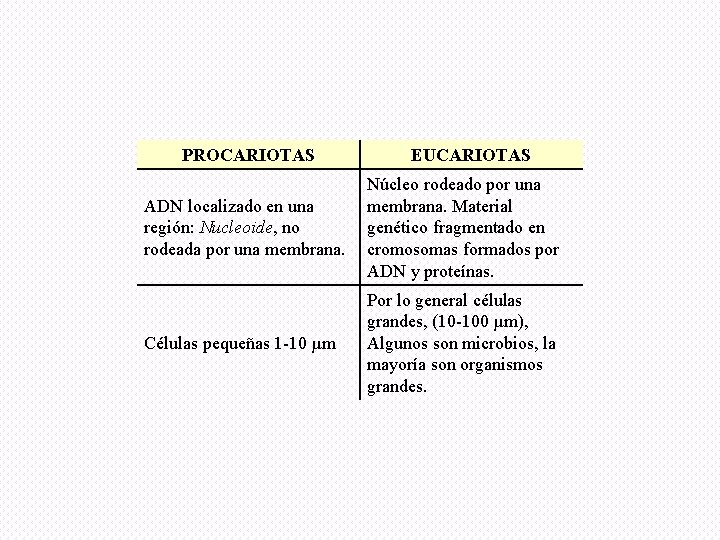 PROCARIOTAS EUCARIOTAS Núcleo rodeado por una ADN localizado en una membrana. Material región: Nucleoide,