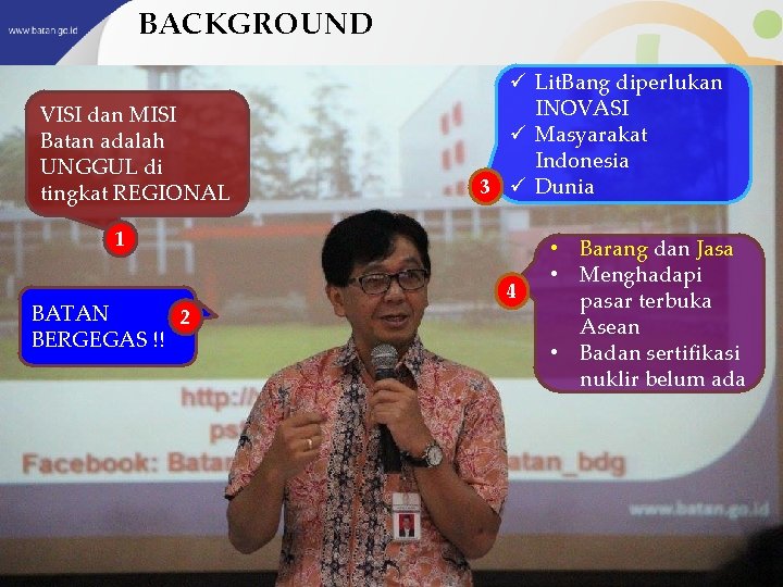 BACKGROUND VISI dan MISI Batan adalah UNGGUL di tingkat REGIONAL ü Lit. Bang diperlukan