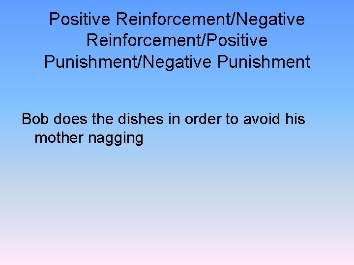Positive Reinforcement/Negative Reinforcement/Positive Punishment/Negative Punishment Bob does the dishes in order to avoid his Positive Reinforcement/Negative Reinforcement/Positive Punishment/Negative Punishment Bob does the dishes in order to avoid his