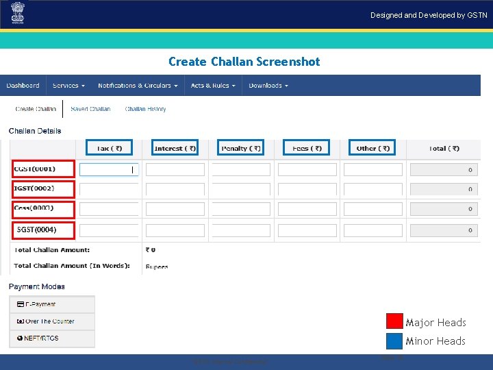 Designed and Developed by GSTN Create Challan Screenshot SGST(0004) Major Heads Minor Heads. “GSTN Designed and Developed by GSTN Create Challan Screenshot SGST(0004) Major Heads Minor Heads. “GSTN