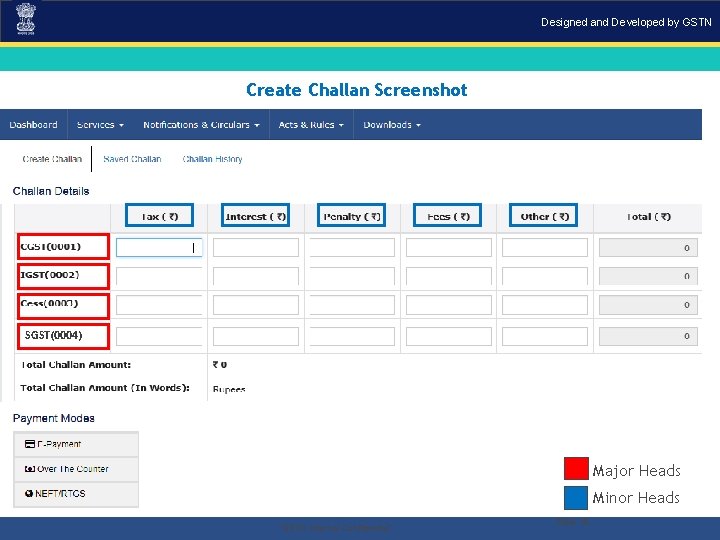 Designed and Developed by GSTN Create Challan Screenshot SGST(0004) Major Heads Minor Heads. “GSTN