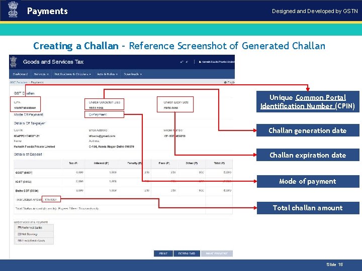 Payments Designed and Developed by GSTN Creating a Challan – Reference Screenshot of Generated.