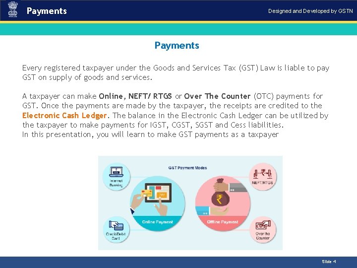 Payments Designed and Developed by GSTN Payments Introduction Every registered taxpayer under the Goods