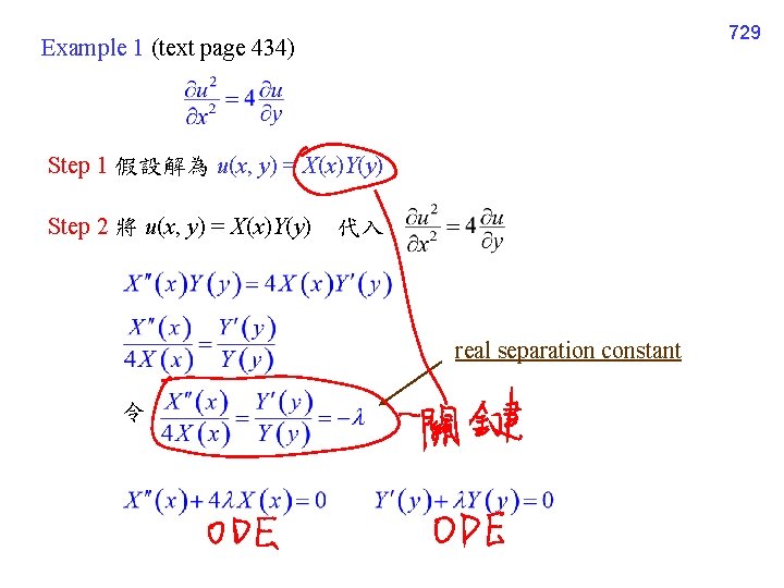 729 Example 1 (text page 434) Step 1 假設解為 u(x, y) = X(x)Y(y) Step