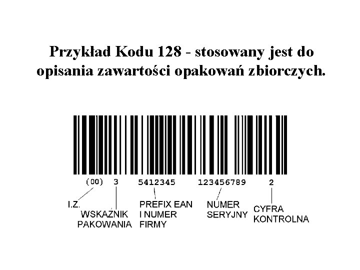 Przykład Kodu 128 - stosowany jest do opisania zawartości opakowań zbiorczych. 