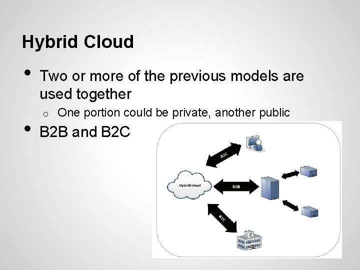 Hybrid Cloud • • Two or more of the previous models are used together