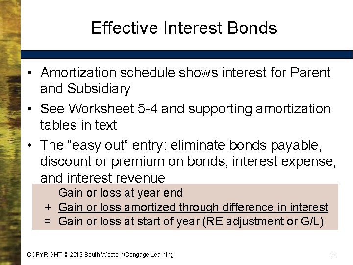 Effective Interest Bonds • Amortization schedule shows interest for Parent and Subsidiary • See