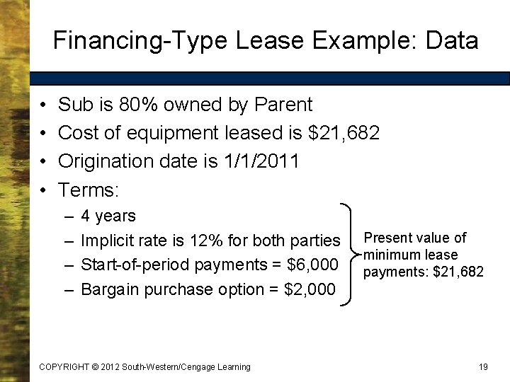 Financing-Type Lease Example: Data • • Sub is 80% owned by Parent Cost of