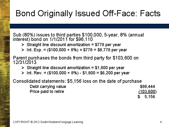 Bond Originally Issued Off-Face: Facts Sub (80%) issues to third parties $100, 000, 5