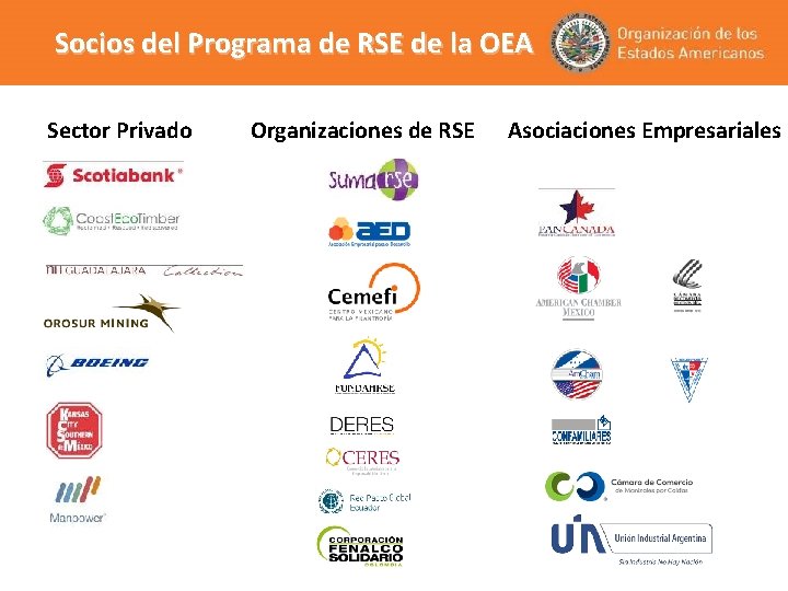 Socios del Programa de RSE de la OEA Sector Privado Organizaciones de RSE Asociaciones