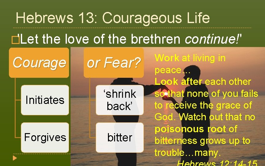 Hebrews 13: Courageous Life �'Let the love of the brethren continue!' (v. 1) Work