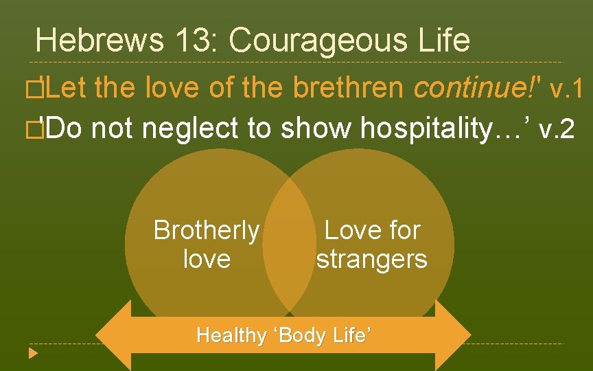 Hebrews 13: Courageous Life �'Let the love of the brethren continue!' v. 1 �'Do